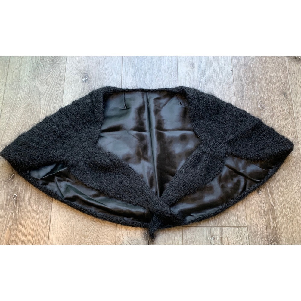 Retro Black Mohair Knit Shawl Luxe Wrap Satin Lined Whimsigoth Goth Witch